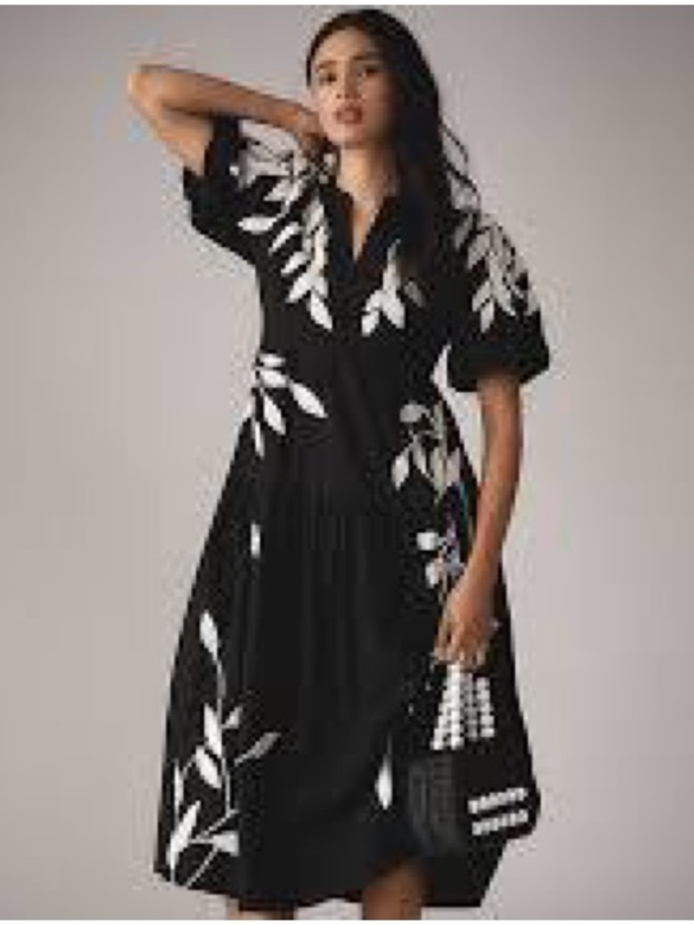 By Anthropologie Black Midi Dress with White Leaf Print
